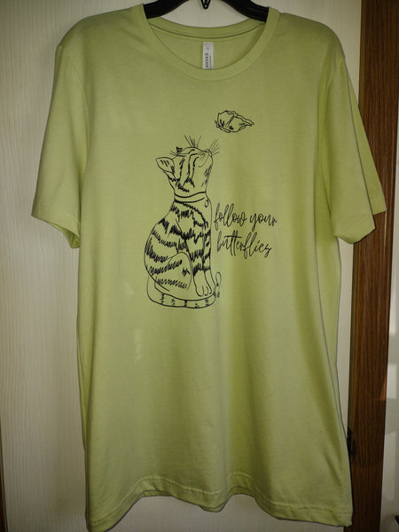 Sz L Green Butterfly & Cat Short Sleeve Shirt (#4)