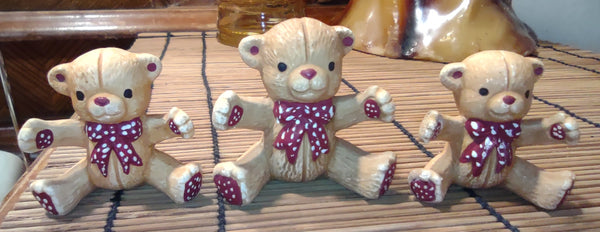 Set of 3 Matching Unmarked Porcelain Bear Figurines With Brown & White Dots Bowties