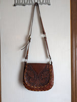 Vintage Tooled Leather Flower Shoulder Bag Purse