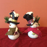 Set of 2 Snowman Figurines ~ Top Hats ~ Scarf ~ Sprig Holding