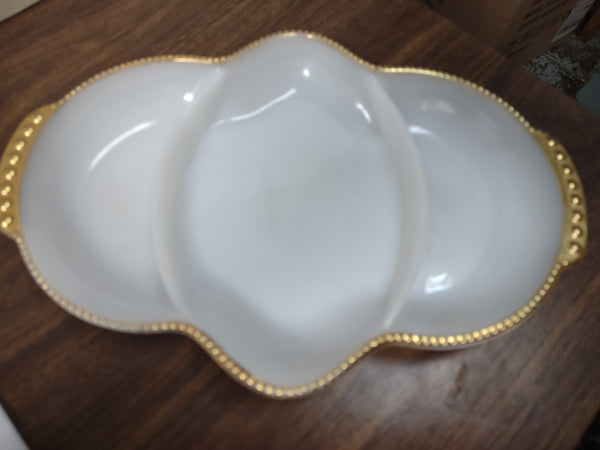 Vintage Fire King Oven Ware Divided Dish Milk White Glass 24K Gold Trim